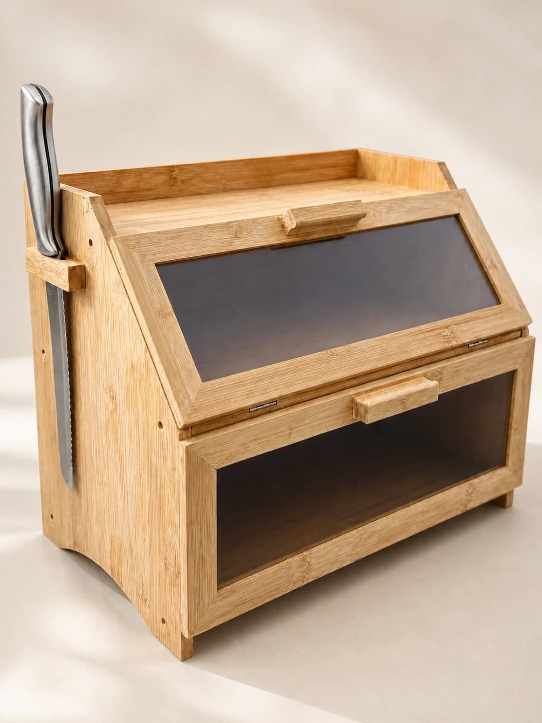 Double-Door Storage Box with Knife Holder in Natural Bamboo, item HD-BK13