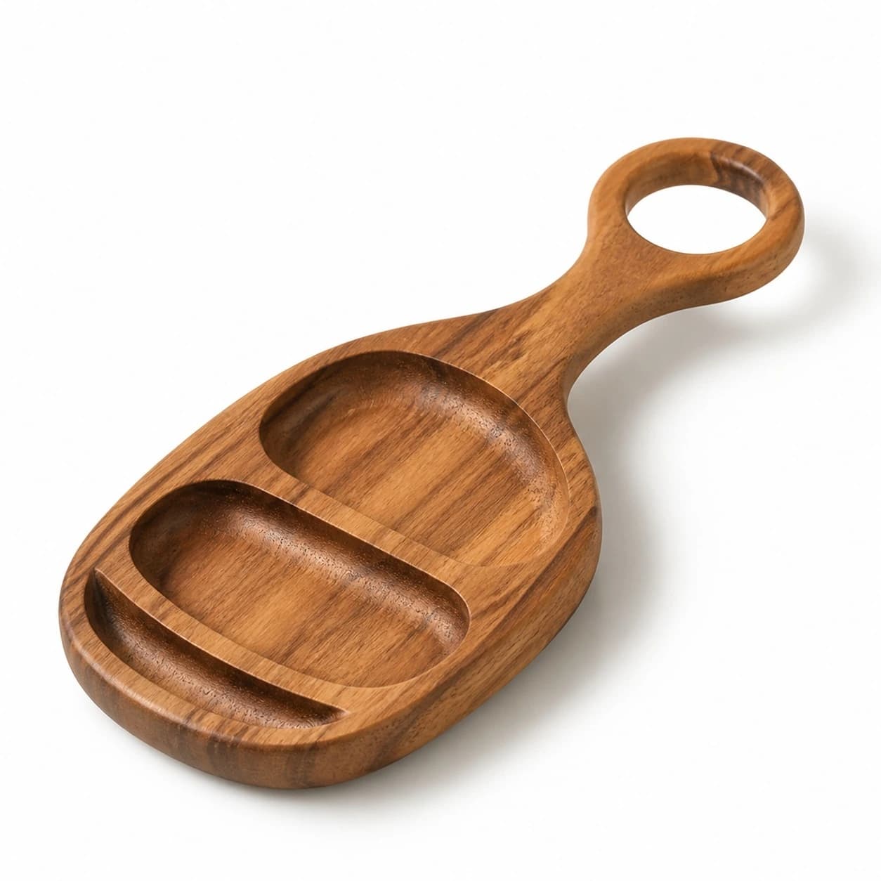 Divided Acacia Snack Plate with Handle in Acacia Wood, item HD-P02