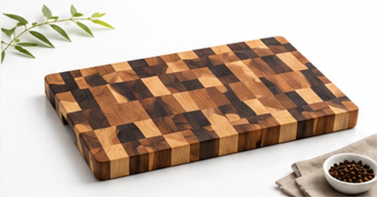 End-grain wood cutting board with geometric grain pattern