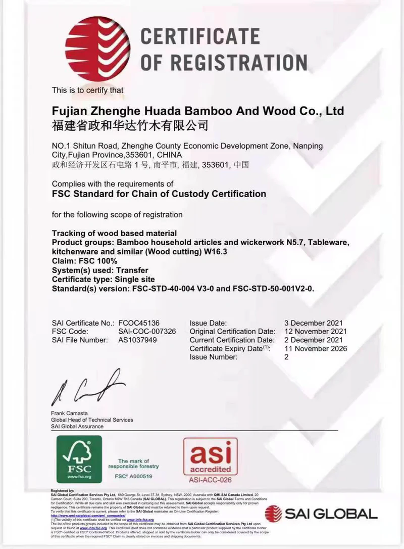 FSC Chain of Custody Certification for Fujian Zhenghe Huada Bamboo And Wood Co., Ltd