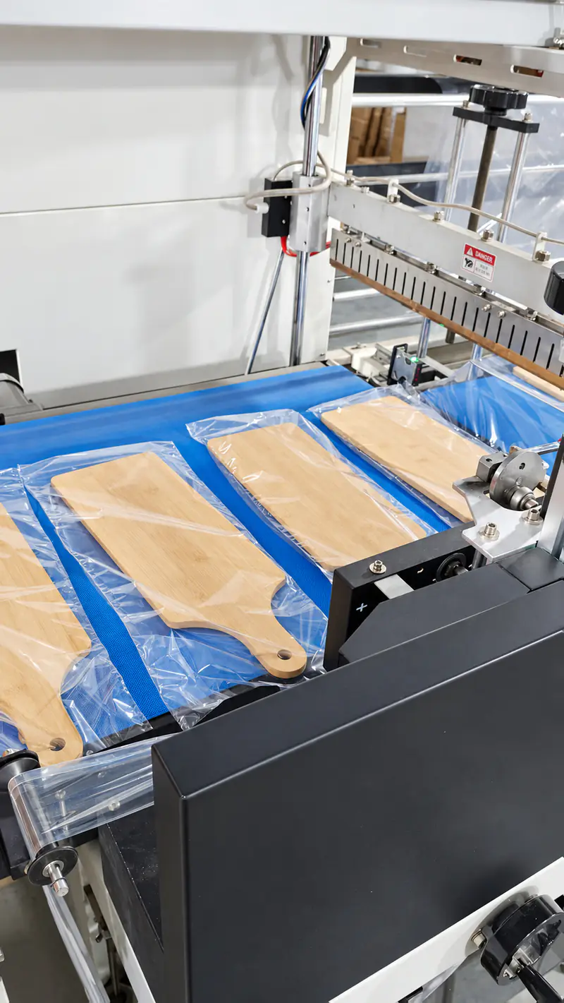 Boards in clear film on the conveyor of a packaging machine