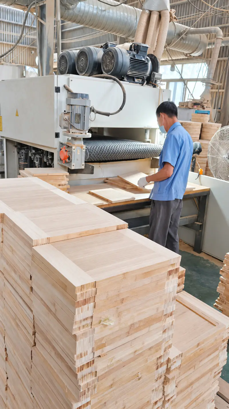 An operator feeding a bamboo board into sanding equipment