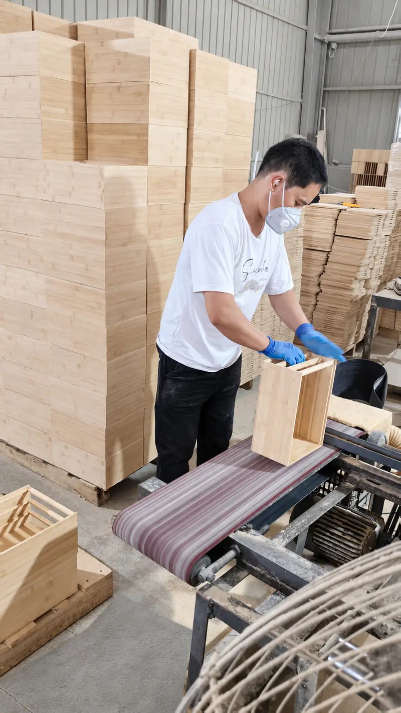 An operator sanding a bamboo box at a belt-sanding station