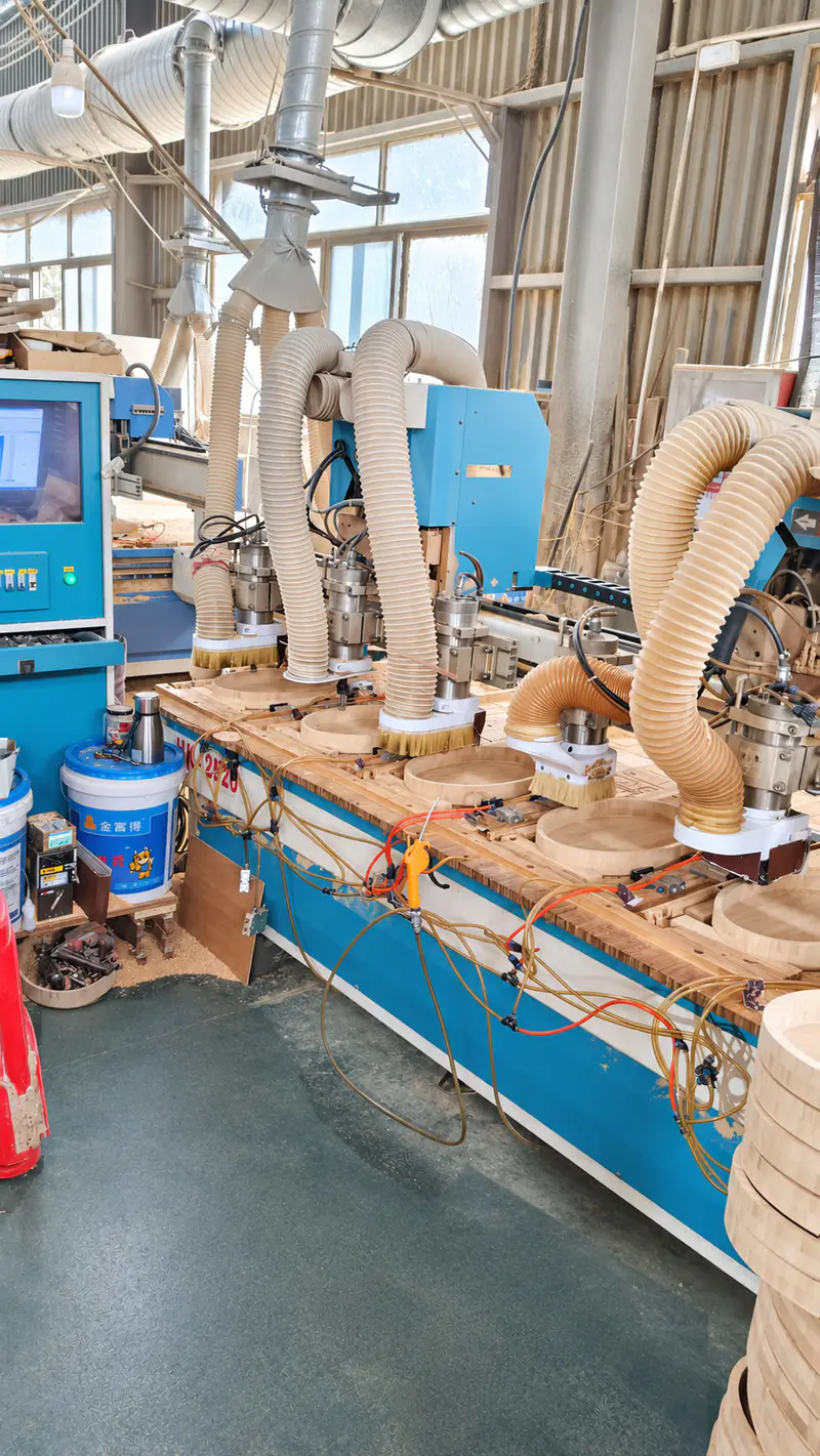 Machining heads and extraction hoses above shaped wood pieces on a work bed