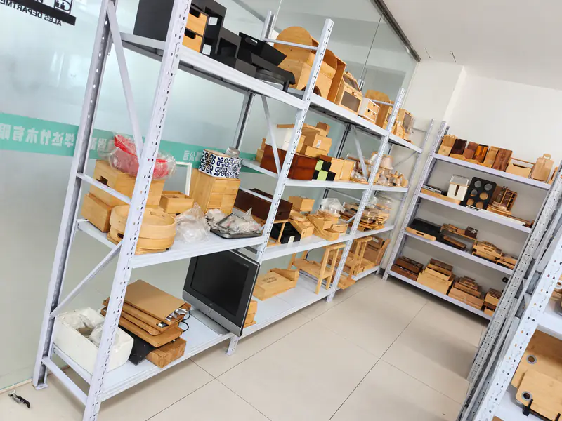 Shelves of bamboo and wood product samples in HUADA's sample room