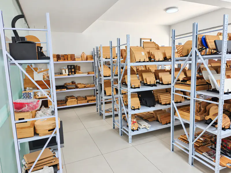 Different cutting-board shapes displayed on sample-room shelves