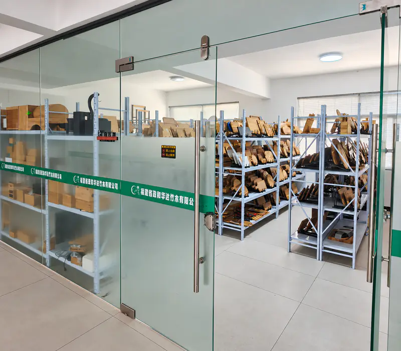 HUADA sample showroom entrance with the company name on the glass